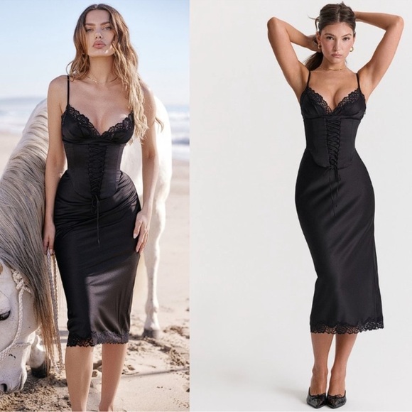 NWOT HOUSE OF CB 'Salma' Black Satin Slip Midi Dress sz. L - Picture 1 of 8